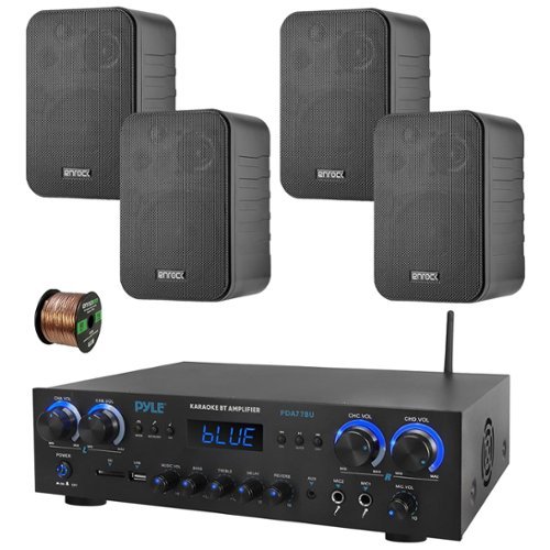 Enrock - Pyle PDA77BU 4-Channel Bluetooth MP3/SD/RCA/AUX FM Radio Home Receiver, 4x 4" 30 Watt Indoor/Outdoor Speakers w/Wire-Front_Standard 