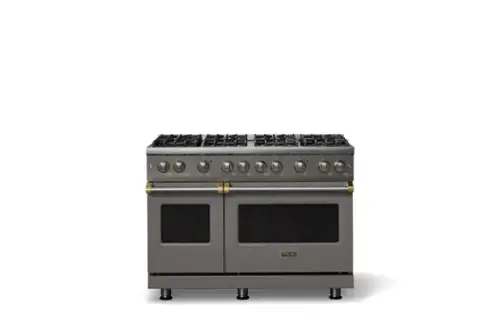 Front. Viking - Pro 5 Series 6.1 Cu. Ft. Freestanding Sealed 8 Burner Gas Convection Range - Damascus Gray w. Brushed Brass - Damascus Gray.