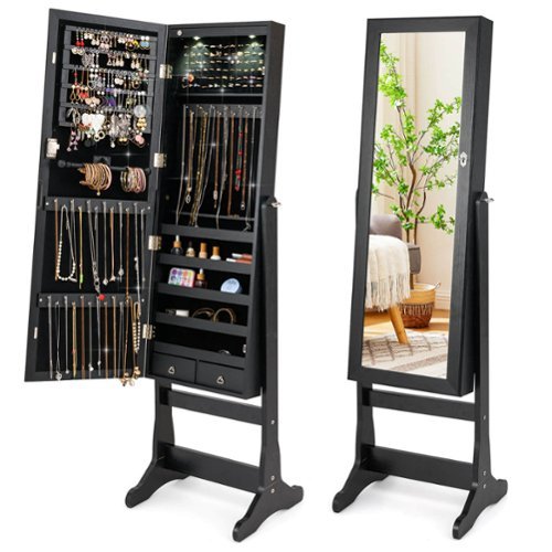 Costway Lockable Mirrored Jewelry Cabinet Armoire Organizer Storage with Stand & LED Lights - Black