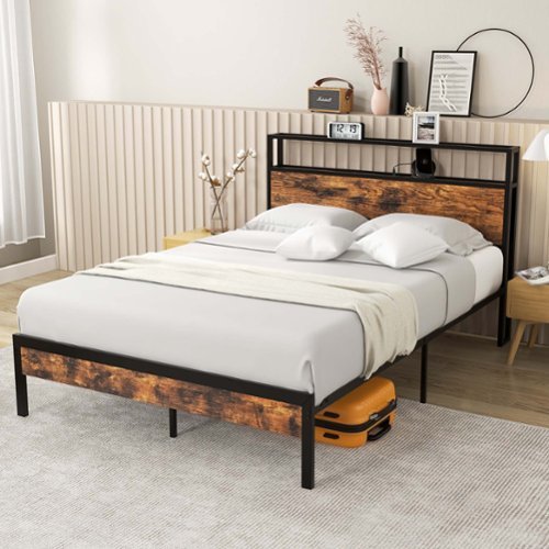 Costway Full Bed Frame with Storage Headboard Charging Station 18W USB C Port Rustic - Brown