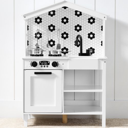 Best Choice Products - Pretend Play Wooden Farmhouse Kitchen Set w/ Storage, Clicking Knobs, 5 Accessories - White/Black-Front_Standard 