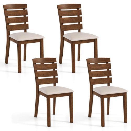  Costway - Dining Chair Set of 4 Upholstered Kitchen Chair with Slatted High Backrest - Natural,Beige