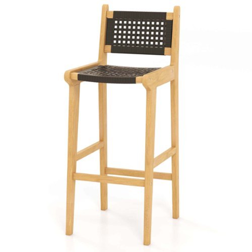 Costway 1 PCS 30" Teak Wood Bar Chair with Backrest & Footrest Bar Height Chair for Deck - Black + Natural