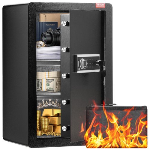 VEVOR - Single Door 3.5 cu.ft Safe Box with Key Lock & Password, Safe Lock Box with Fireproof Bag, Key Rack, LED Light - Black-Front_Standard 