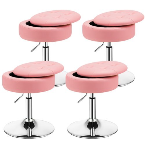 Costway - Set of 4 Adjustable Vanity Stool 360° Swivel Storage Makeup Chair with Tray - Pink
