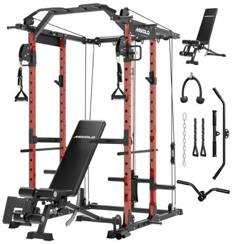Mikolo - Power Rack Cage, 1500 lbs Weight Rack with Cable Crossover Machine, Multi-Function Squat Rack - Red-Front_Standard 