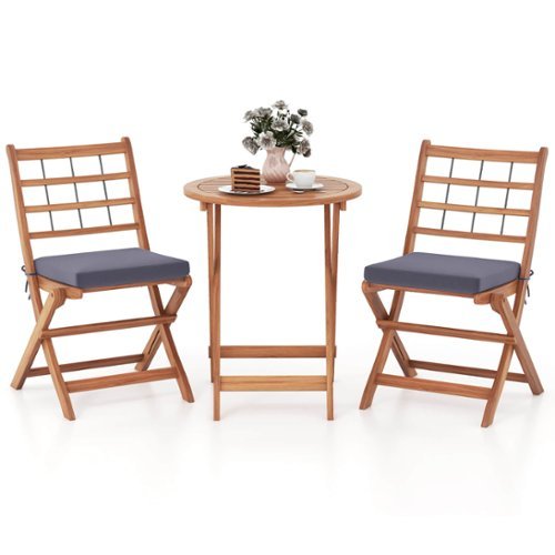 Costway - 3 PCS Acacia Wood Patio Bistro Set Folding Table and Chairs Set with Cushions - Gray,Natural-Front_Standard 
