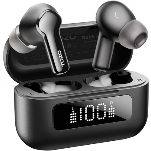TOZO - AI Translation Noise Cancelling Earbuds, 68H, 6-Mic ENC Clear Call, Stereo Bass, LED Power Display, APP-32EQ, Waterproof - Black-Front_Standard 
