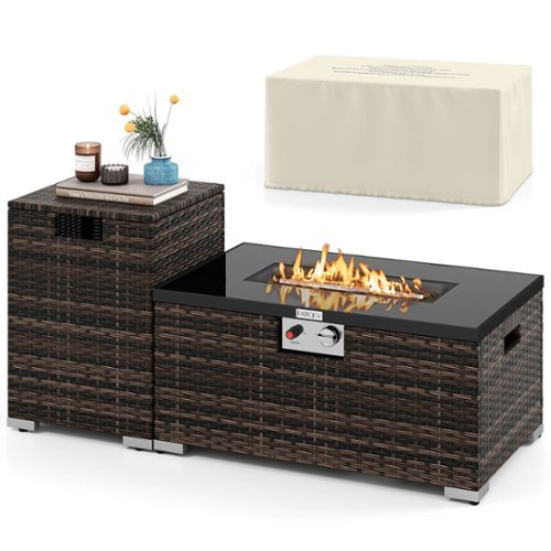 Costway - 2 PCS Outdoor Rattan Fire Table Set with Tank Cover Tempered Glass Tabletop - Brown-Front_Standard 