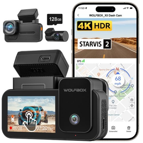 WOLFBOX - 4K+1080P+2.5K 3CH Dash Cam, STARVIS 2 Night Vision, 5.8GHz WiFi, GPS, Touch Screen, G-sensor, Free 128GB - Black-Front_Standard 