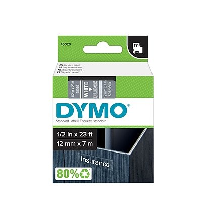 DYMO - D1 Standard 45020 Label Maker Tape, 1/2" x 23', White on Clear (45020) - White and Clear