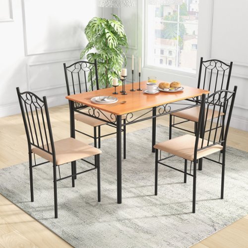 Costway 5 PCS Dining Set Wood Metal 30" Table & 4 Chairs Upholstered Kitchen Breakfast Furniture - Brown, Black and Natural