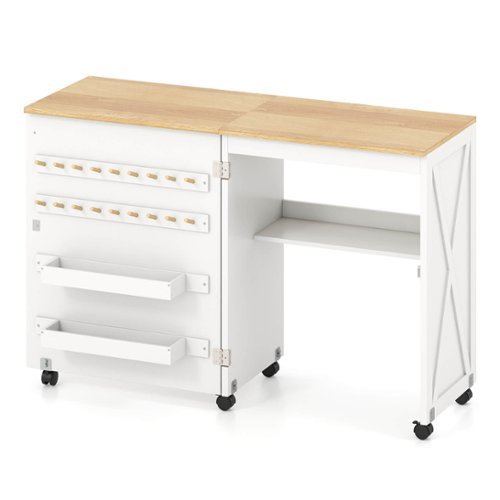 Gymax - Folding Sewing Table w/ Compact Design Storage Shelf 2 Trays and 18 Pegs - White-Front_Standard 