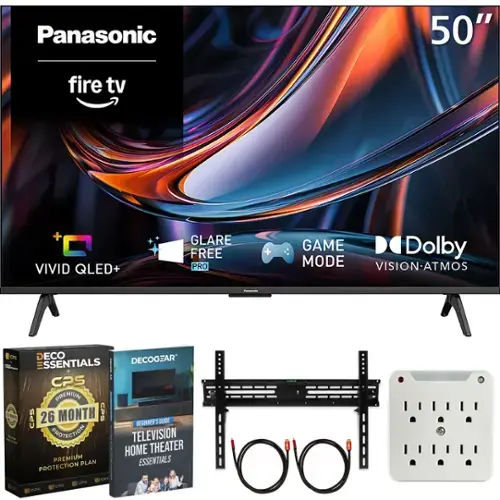 Panasonic  
50"  
fire tv  
VIVID QLED+  
GLARE FREE PRO  
GAME MODE  
Dolby VISION.ATMOS  

Panasonic  
DECOGEAR ESSENTIALS  
CPS PREMIUM  
26 MONTH CPS  
BEGINNER'S GUIDE  
TELEVISION HOME THEATER  
ESSENTIALS  
CPS PROTECTION  
CPS COS