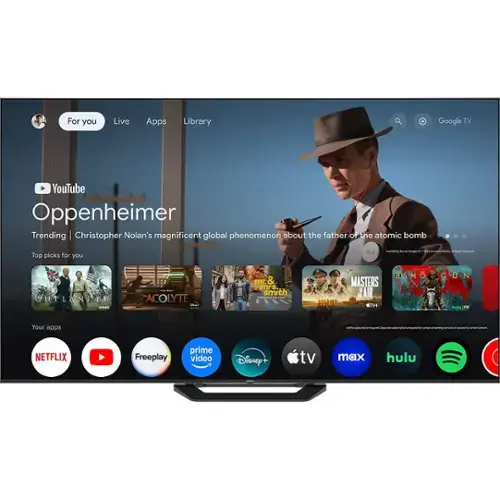 For you  
Live  
Apps  
Library  

YouTube  
Oppenheimer  
Trending | Christopher Nolan's magnificent global phenomenon about the father of the atomic bomb  

Top picks for you  
- Outlander  
- Acolyte  
- Mr. & Mrs. Smith  
- Masters of the Air  
- The Boys  
- Hogun  
- K-6  
- Your apps  

NETFLIX  
YouTube  
Freeplay  
prime video  
Disney+  
tv max  
hulu  
Spotify