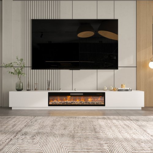 FUFU & GAGA - Modern Electric Fireplace TV Stand with Hidden Storage, 12-Color Flame, Quiet Supplemental Heating - White-Front_Standard 