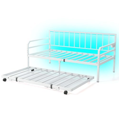 Costway - Twin Size Daybed with Pop-up Trundle Charging Station & LED Lights for Living Room - White-Front_Standard 