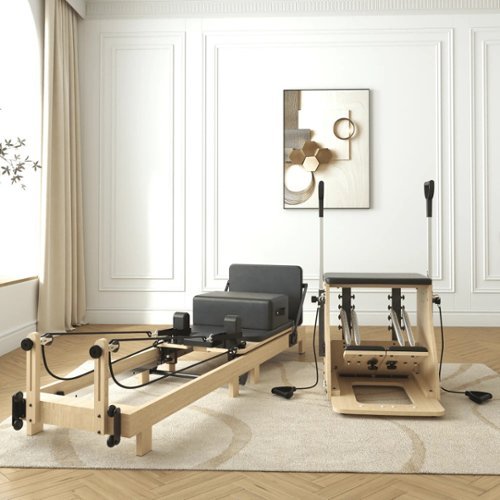 Syedee - Pilates Reformer Machine, Wood Pilates Machine Bed Yoga Exercise Strength Training Equipment with Pilates Chair - Brown-Front_Standard 