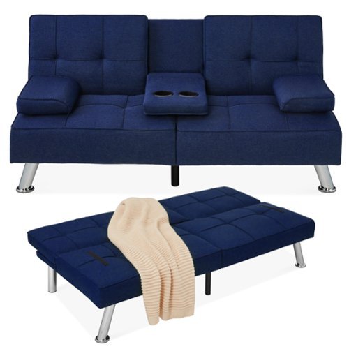 Best Choice Products - Modern Linen Convertible Futon Sofa Bed w/ Removable Armrests, Metal Legs, Cupholders - Dark Blue-Front_Standard 