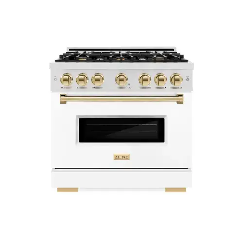 Front. ZLINE - ZLINE Autograph 36 in. Classic Satin Steel Gas Range with Gold Accents (CGRSZ-WM-36-G) - White.