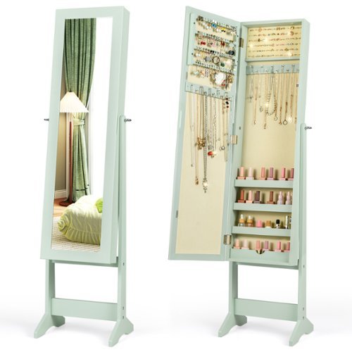 Costway - Jewelry Mirrored Cabinet Armoire Organizer Storage Box with Stand Christmas Gift - Green-Front_Standard 