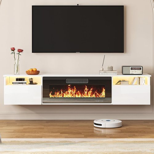 Circus Cirle - 80" Floating TV Stand with 36" Electric Fireplace Heater - White-Front_Standard 