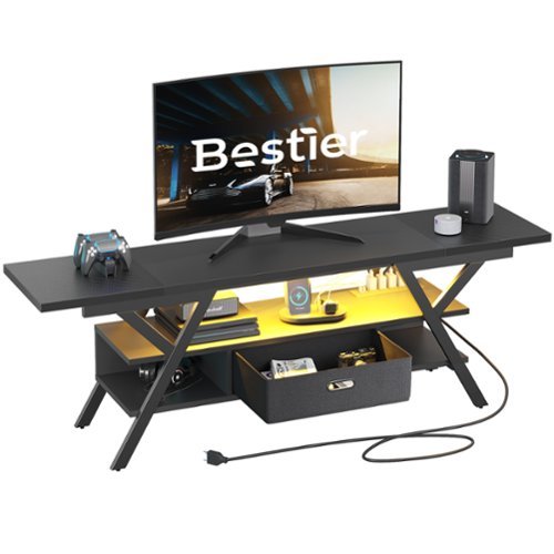 Bestier - 70" TV Stand with Power Outlets and LED Lighting Suitable for TVs up to 75" Gaming Entertainment Center - Black-Front_Standard 