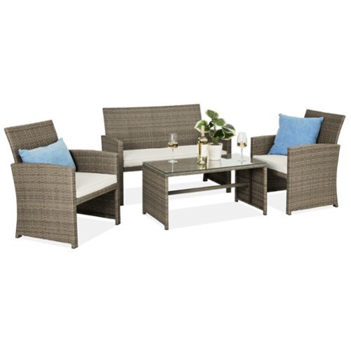 Best Choice Products - 4-Piece Outdoor Wicker Patio Conversation Furniture Set w/ Table, Cushions - Taupe/White Sand-Front_Standard 