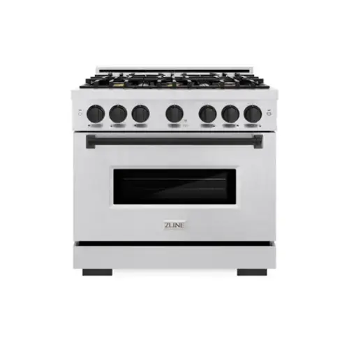 Front. ZLINE - ZLINE Autograph 36 in. Classic Satin Steel Gas Range w/ 6 Burners & Black Accents (CGRSZ-36-MB) - Stainless Steel.