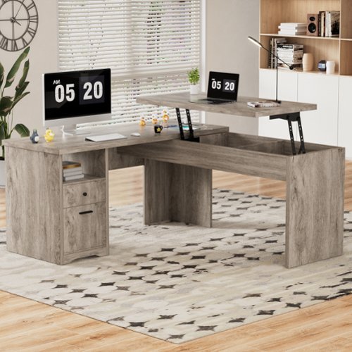 Aheaplus - 56'' Lift Top Computer Desk with Drawers and Power Outlets, Lift Top Executive Desk - Wash Oak-Front_Standard 