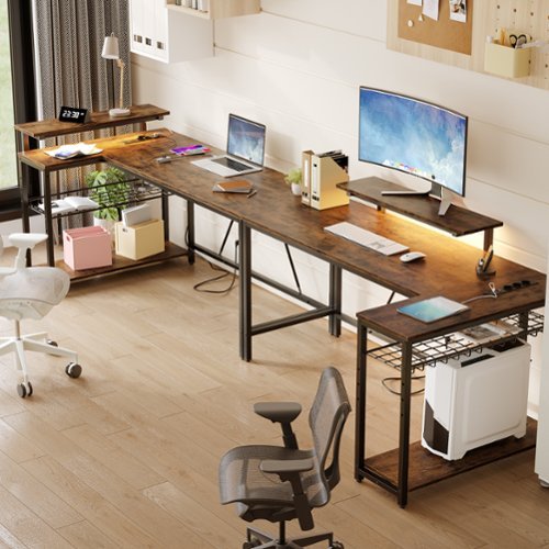 Bestier - L-Shaped Computer Desk with LED Lights - Brown-Front_Standard 