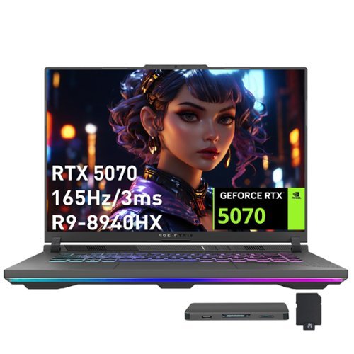 ASUS - ROG Strix G16 16" FHD+ 165Hz Gaming Laptop,Ryzen 9 8940HX,64GB RAM,2TB SSD+1TB Docking Set,RTX 5070,Win 11 Pro - Gray-Front_Standard 