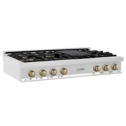 Front. ZLINE - Autograph Edition 48 in. Slide-In Legacy Gas Rangetop with 7 Burners and Porcelain Cooktop with Champagne Bronze Accents - Stainless Steel.