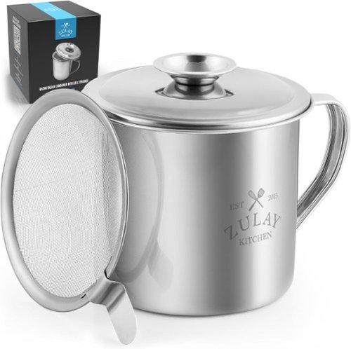 Zulay Kitchen - Bacon Grease Strainer - 1L Stainless Steel Cooking Oil Container with Lid & Handle - Silver-Front_Standard 