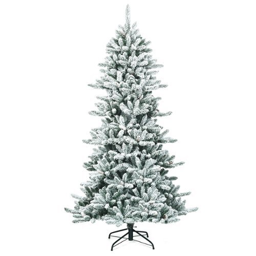 Costway - 7Ft Premium Hinged Snow Flocked Slim Artificial Christmas Fir Tree w/ Pine Cones - Green/White-Front_Standard 