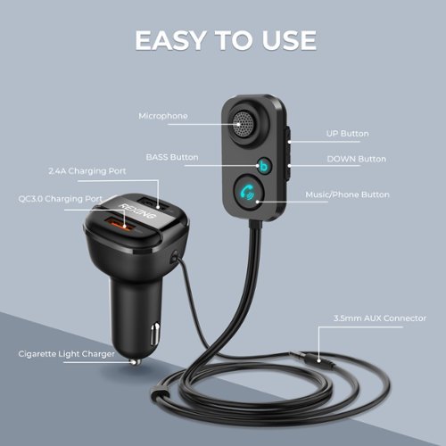 Rexing AUX2 Mini Bluetooth Receiver with Dual USB Enhanced Bass and Voice Control - Black WORLDWIDE DELIVERY