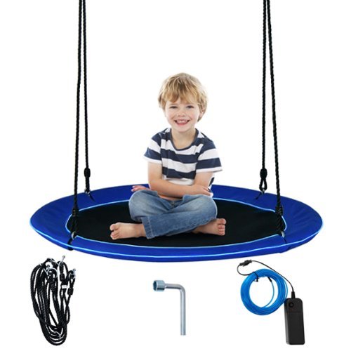 Costway - 40" Saucer Tree Swing 660 LBS for Kids Adults Outdoor with LED Lights - Black,Blue-Front_Standard 