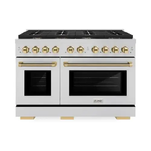 Front. ZLINE - 48 in. Wide 8 Burner Autograph 6.7 cu. ft. Freestanding Paramount Dual Fuel Range with Gold Helix Handles - Stainless Steel.