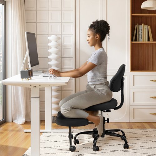 KERDOM - Ergonomic Cross-Legged Office Chair with Wheels, Meditation & Kneeling Chair for ADHD, PU Leather Wide Seat 360° Swivel - Black-Front_Standard 