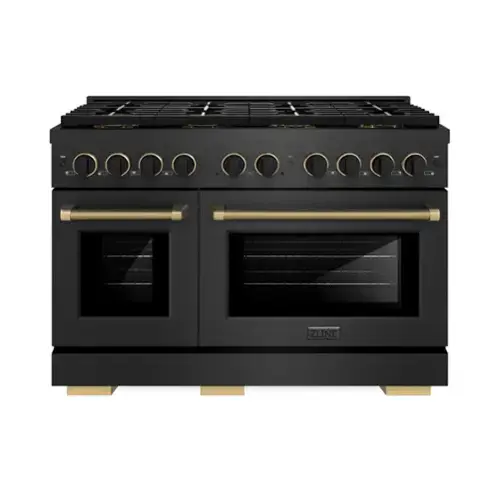 Front. ZLINE - ZLINE Designer 48 in. 6.7 cu. ft. Double Oven Freestanding DuoPro Gas Range in Black Satin with Black and Bronze Accents - Black Satin Stainless Steel.