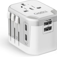 Ceptics - International Plug Adapter, 5 in 1 Universal Power Adapter with 2X USB-A & USB-C, Worldwide Travel Essentials - White-Front_Standard 