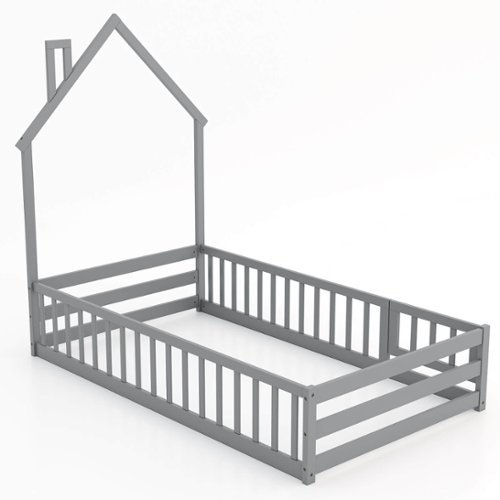 Costway Twin Size Montessori Floor Bed for Toddler with Lockable Door Full-Length Guardrail - Gray