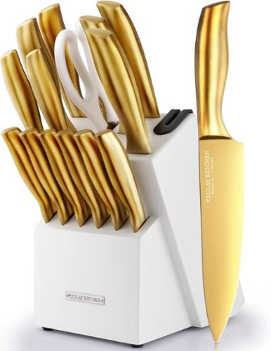 Zulay Kitchen - 15 Piece Stainless Steel Knife Set with Block and Sharpener - Gold White-Front_Standard 