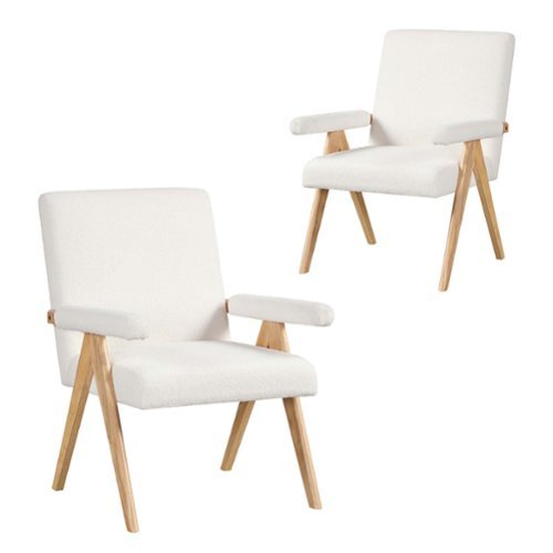 Costway 2 PCS Mid-Century Accent Chair with Solid Rubber Wood Frame and Padded Armrests - Beige + Natural