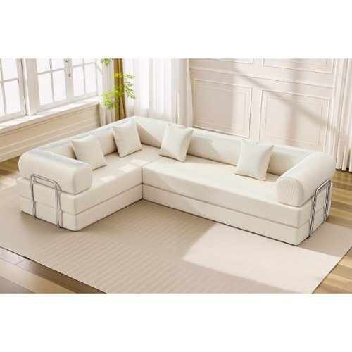 KERDOM - Upholstered L Shaped Modular Sofa Bed with Chaise, Corduroy Folding Floor Convertible Sofa Couch Bed for Living Room - Beige-Front_Standard 