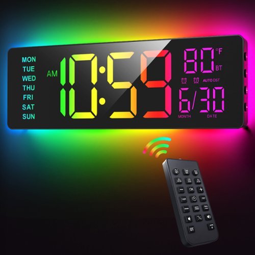 Easyera - 16.5" Digital Wall Clock with Remote Control, RGB Lights, Dual Alarms LED Display, Auto DST, Temperature, Power via plug - Black-Front_Standard 