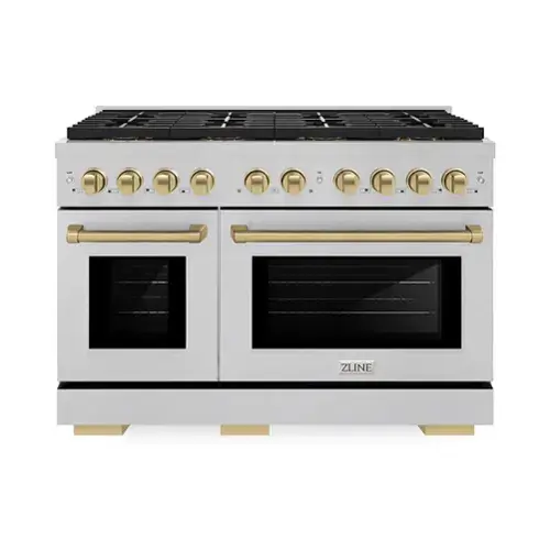 Front. ZLINE - Autograph 48 in. 6.7 cu. ft. Freestanding Paramount Dual Fuel DuoPro Range in Satin Stainless Steel and Bronze Accents - Stainless Steel.
