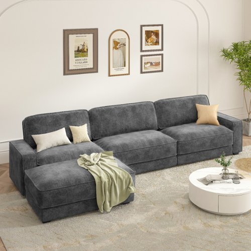 Dyonery - 119" L Shaped Couch Modular Sectional Sleeper Sofa, CHENILLE Fabric, , Tool-Free Assembly,Gray - Gray-Front_Standard 