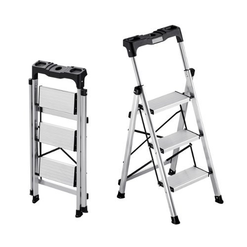 VEVOR - 3 Step Ladder, Folding Step Stool with Wide Anti-Slip Pedal and Comfort Handgrip, 330 lbs Capacity Portable Aluminum - Silver-Front_Standard 