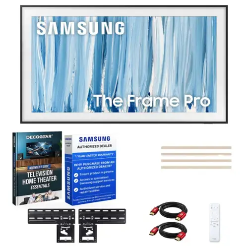 SAMSUNG  
The Frame Pro  

DECOGEAR  
SAMSUNG  
SAMSUNG AUTHORIZED DEALER  
1 YEAR LIMITED WARRANTY  

WHY PURCHASE FROM AN AUTHORIZED DEALER?  
- Ensure product is genuine  
- Access to specialized Samsung support services  
- Authorized service and repair facilities  
- Product warranty is NOT honored when you purchase from an unauthorized seller  

BEGINNER'S GUIDE  
TELEVISION HOME THEATER ESSENTIALS
